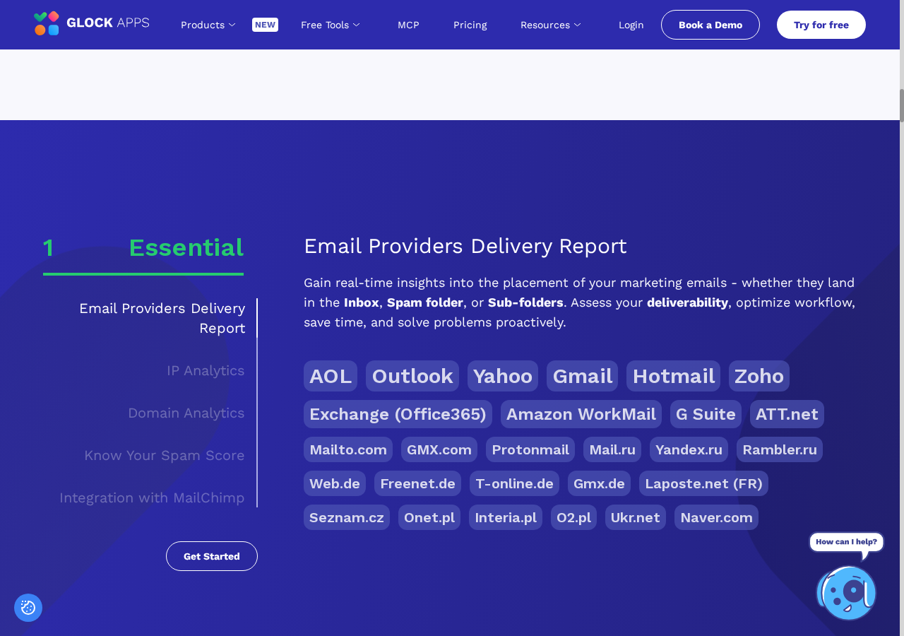The public GlockApps Inbox Insight page showing the email-provider delivery-report feature and listed testing environments.