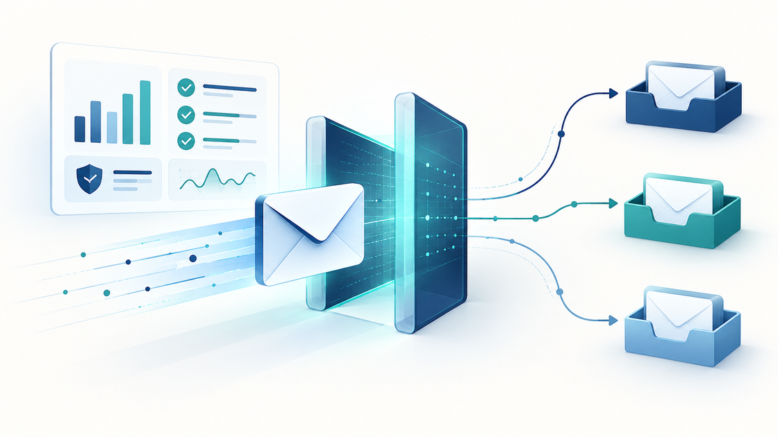 Conceptual illustration of email deliverability testing, authentication checks and inbox routing
