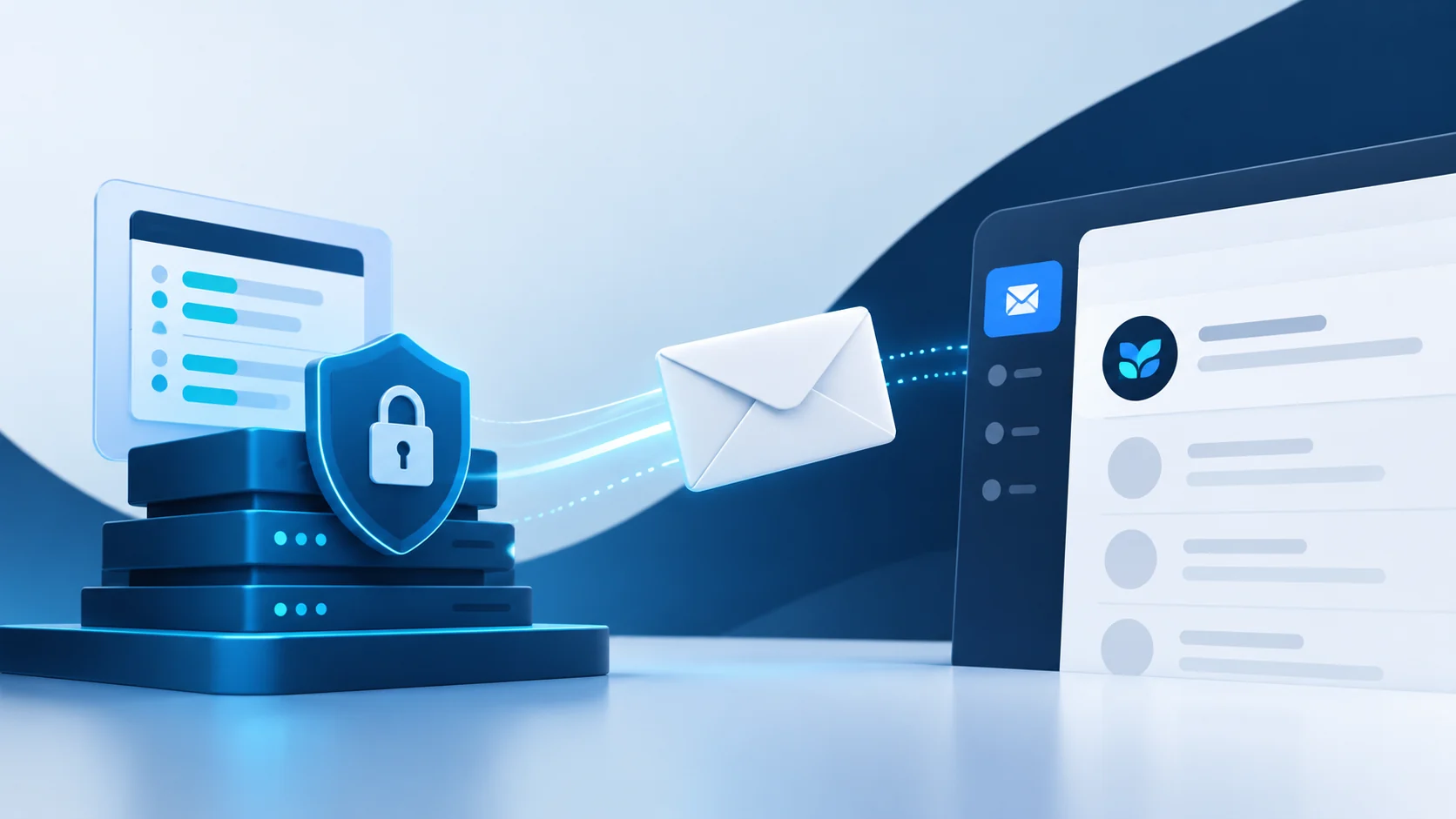 Editorial illustration of authenticated business email flowing from a secure domain into an inbox where a small brand mark appears beside the message.