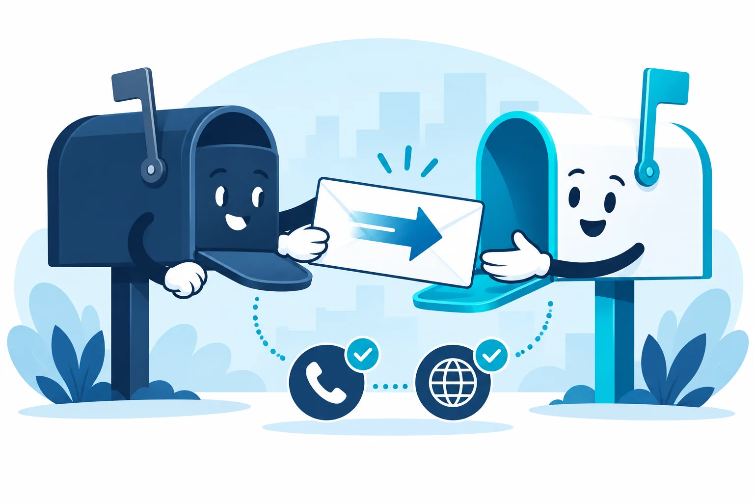 An established mailbox passes a rebrand announcement towards a new mailbox, with phone and website symbols for confirmation.