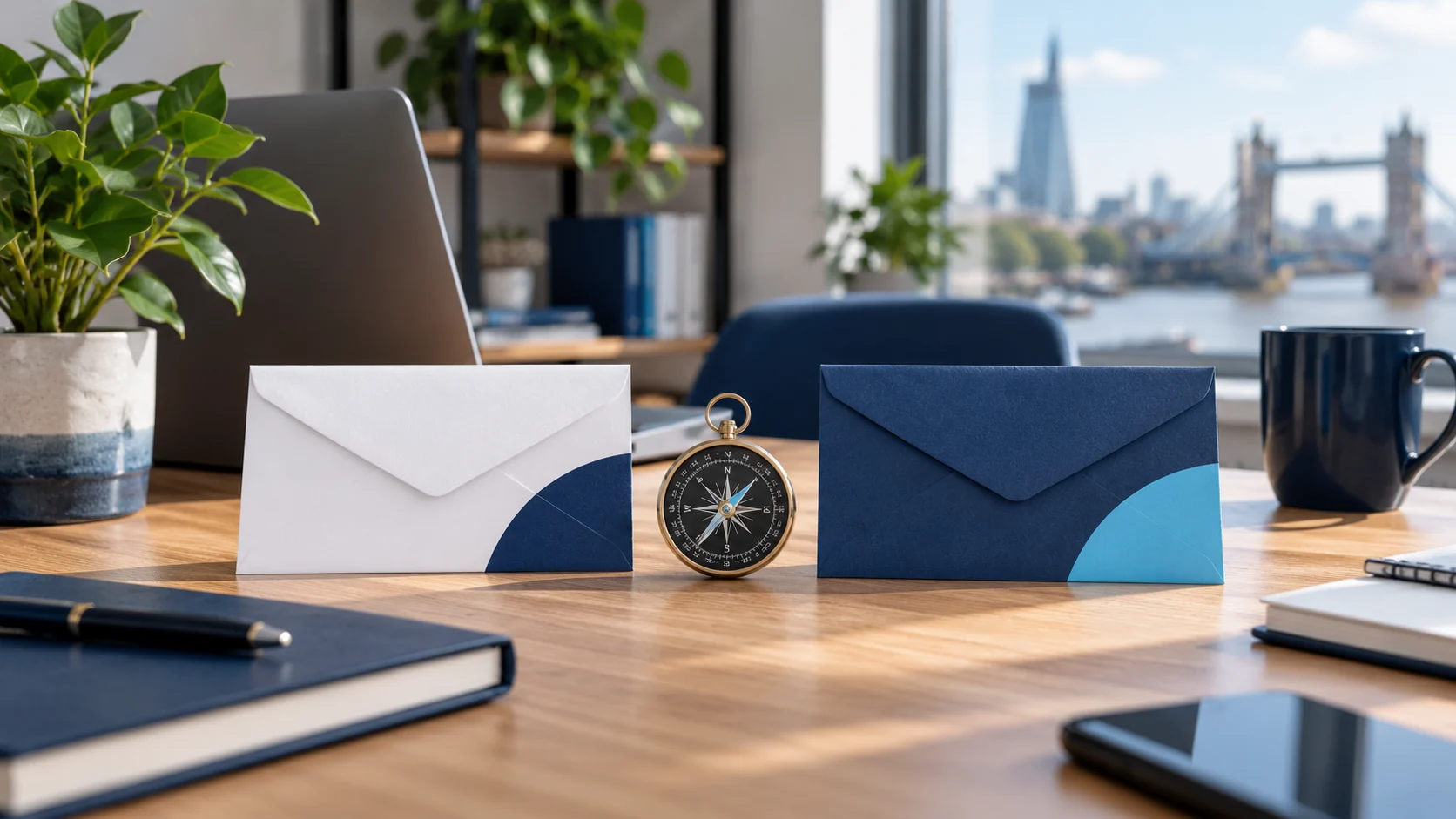 Two business envelopes beside a compass on a desk, representing a change of domain and email identity.