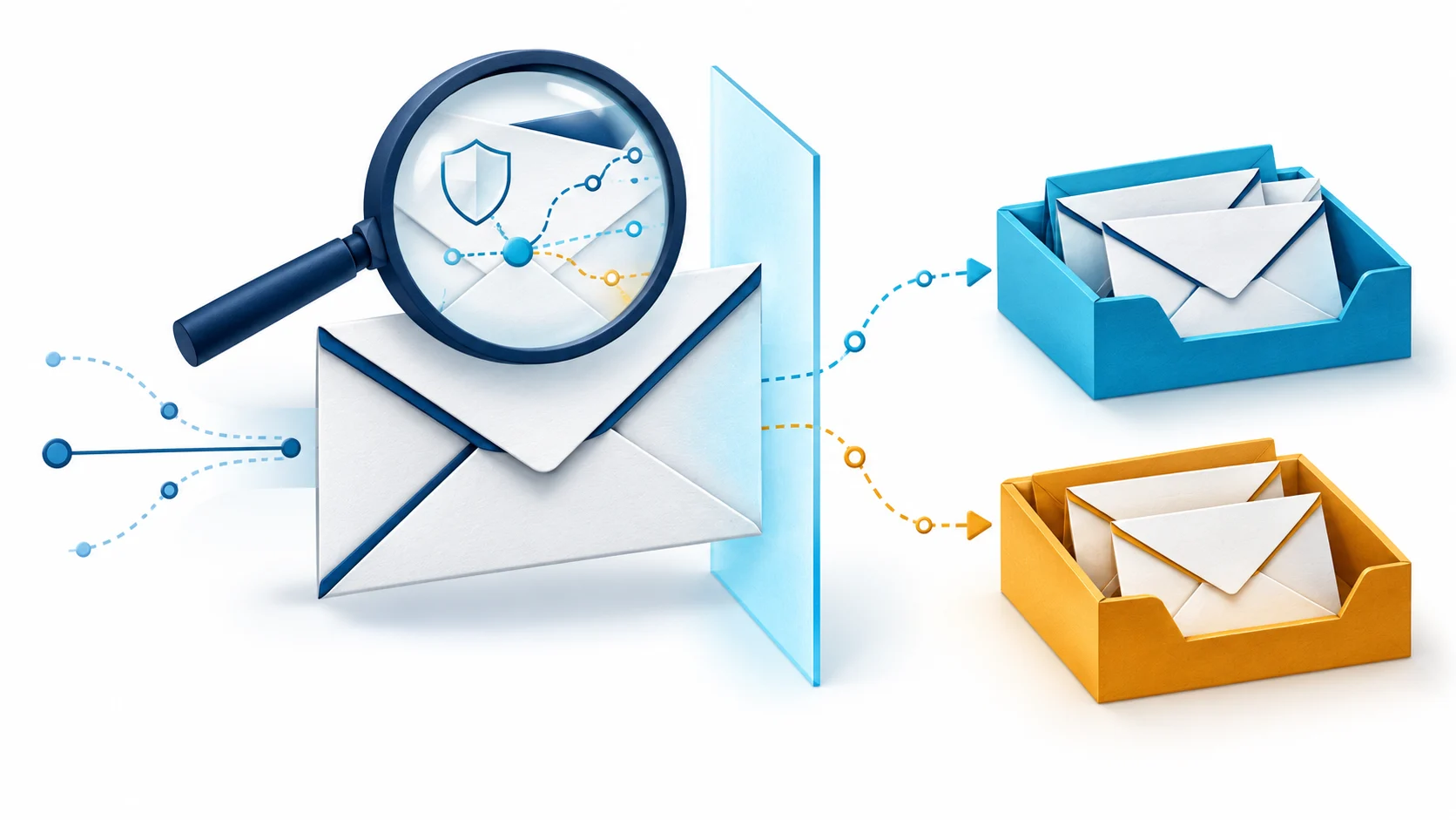 Illustration of a business envelope being examined before sorting into inbox and junk trays.