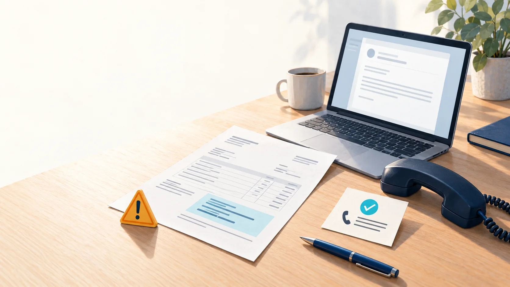 Editorial illustration of a supplier invoice, business email, telephone and independent verification note for a changed bank-details request.
