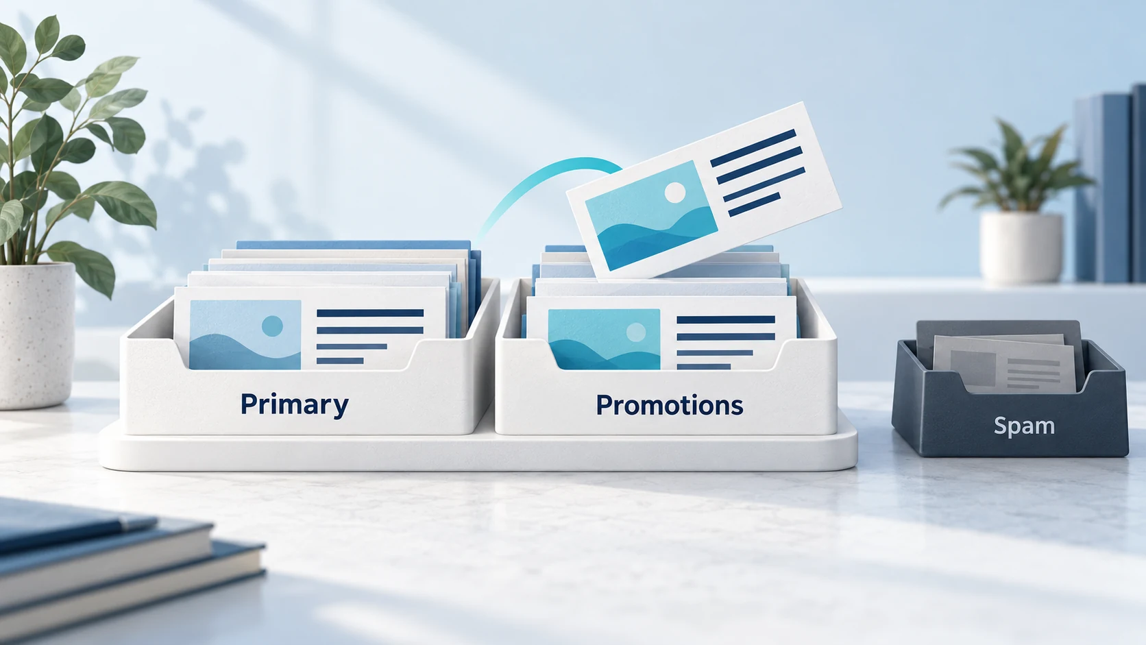 Editorial illustration showing a newsletter sorted into an inbox Promotions tray, distinct from Primary and Spam trays.