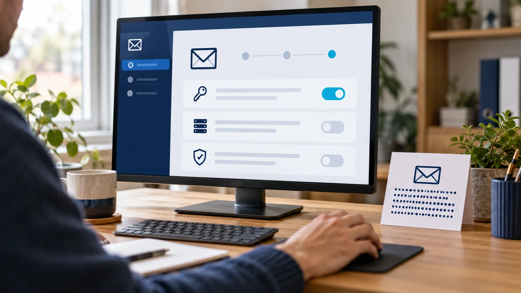 Illustrative email-authentication settings with a key symbol and activation switch beside a public-key card on an office desk.