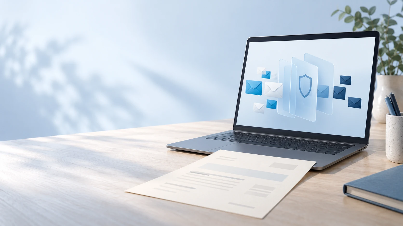 Editorial illustration of an invoice beside an illustrative email filter and shield on a laptop.
