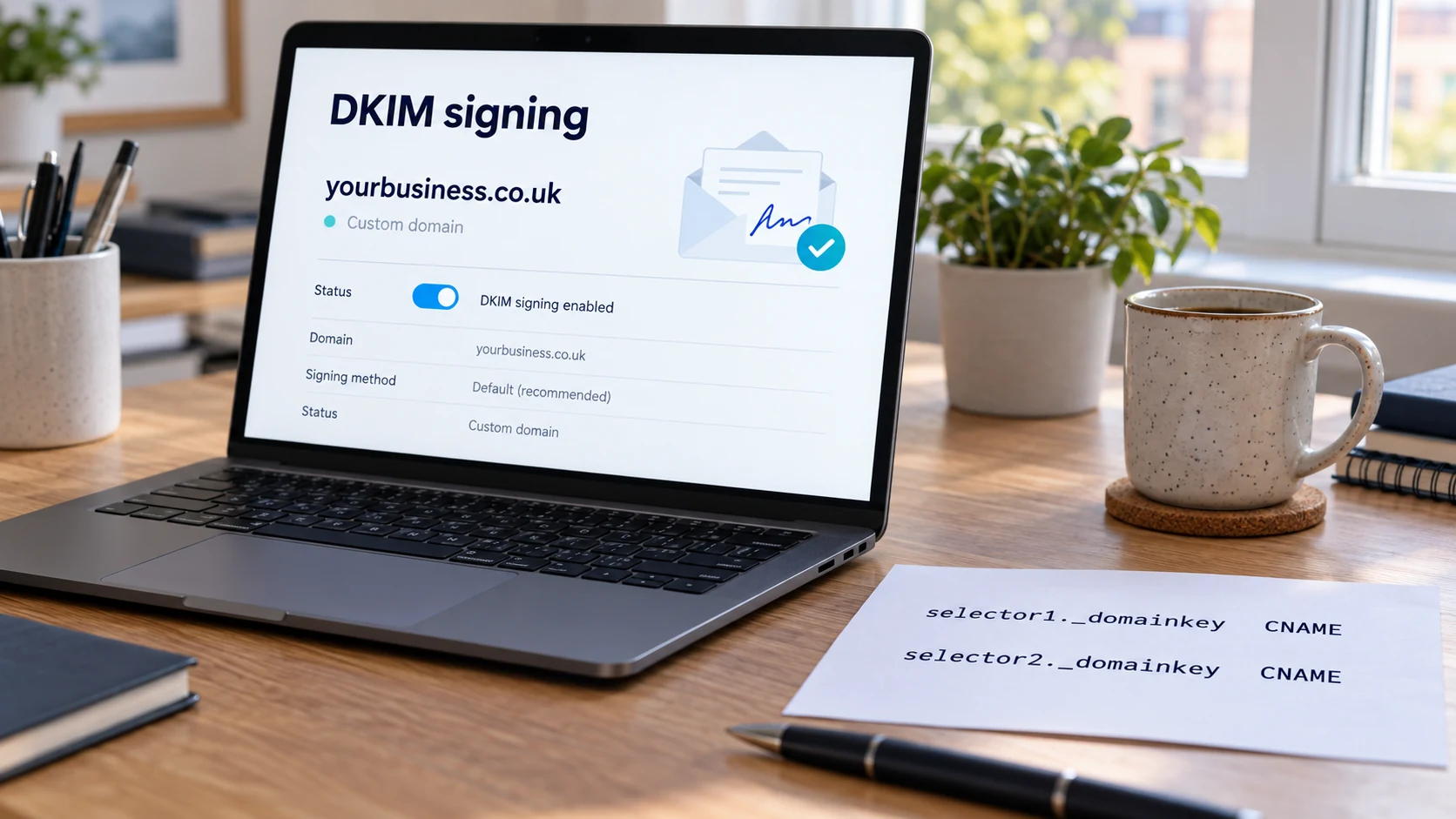 Illustrative DKIM settings for a custom business domain, with selector1 and selector2 CNAME records beside a laptop.