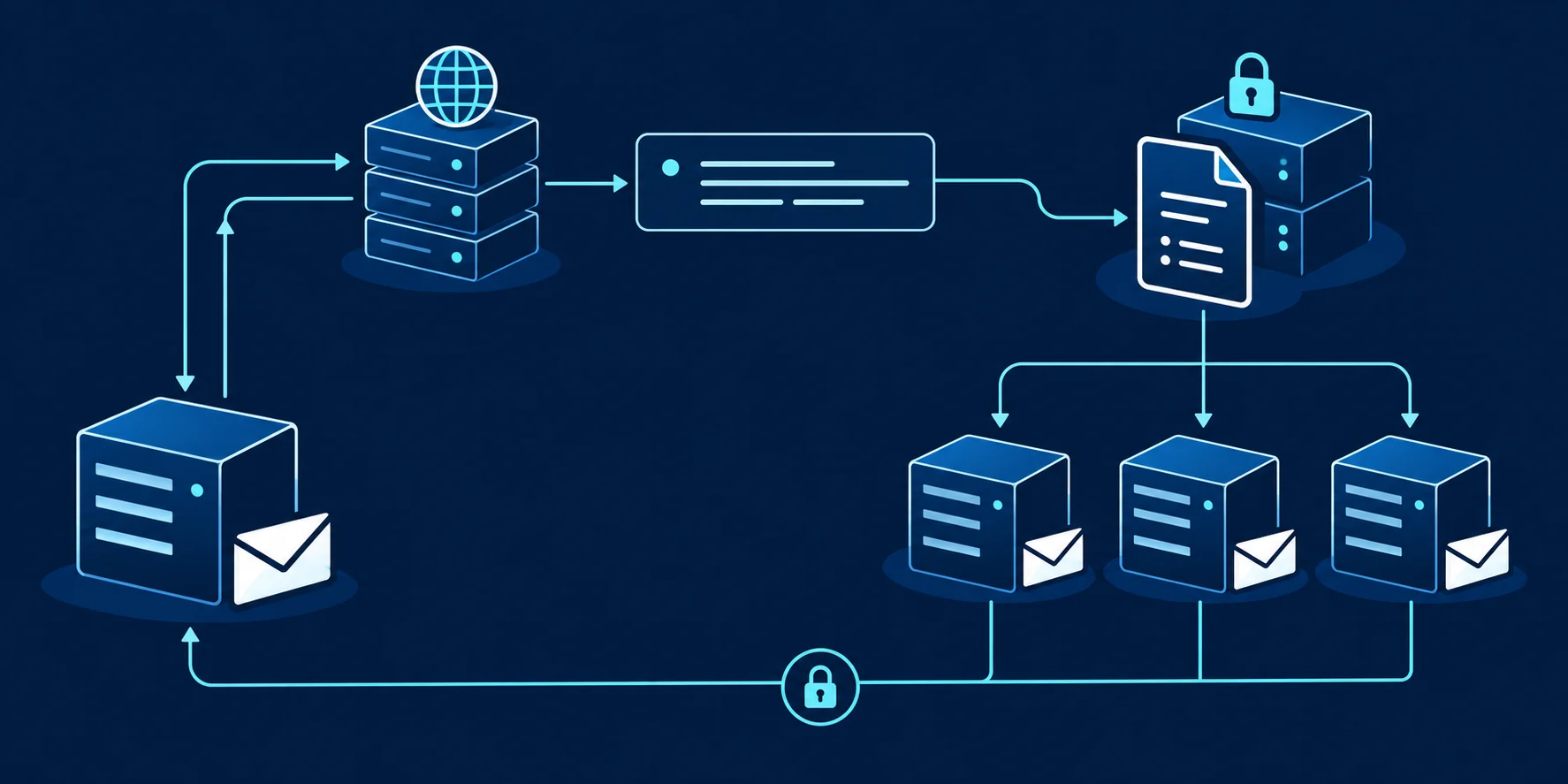 Conceptual flow from a domain DNS record to an HTTPS MTA-STS policy file and the approved mail servers listed in it.