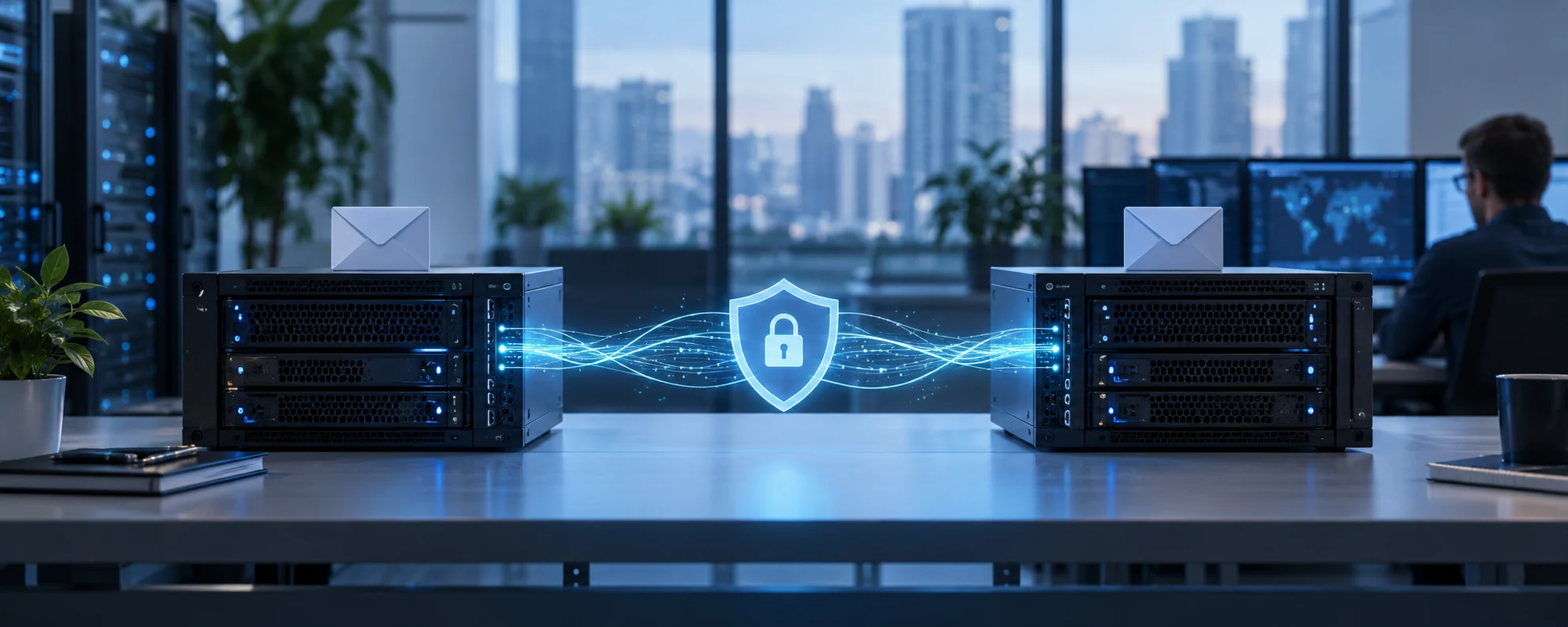 Editorial illustration of two business mail servers connected by a secure encrypted link with a lock symbol between them.