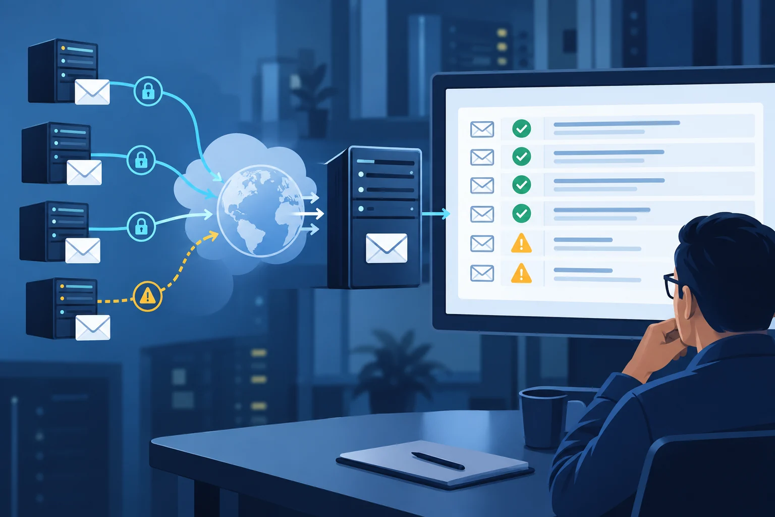 Illustration of secure mail connection attempts feeding a TLS-RPT monitoring view with successful sessions and a few warning results.