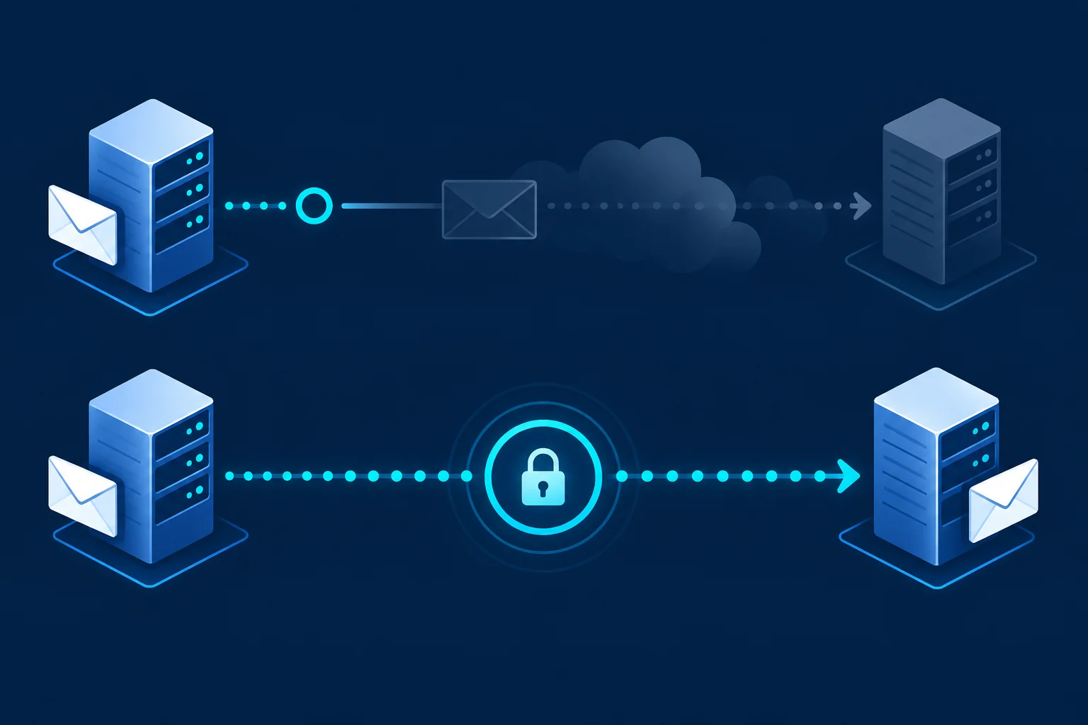 Conceptual comparison of an email connection that may fall back to an unprotected route and one that remains secured by an MTA-STS requirement.