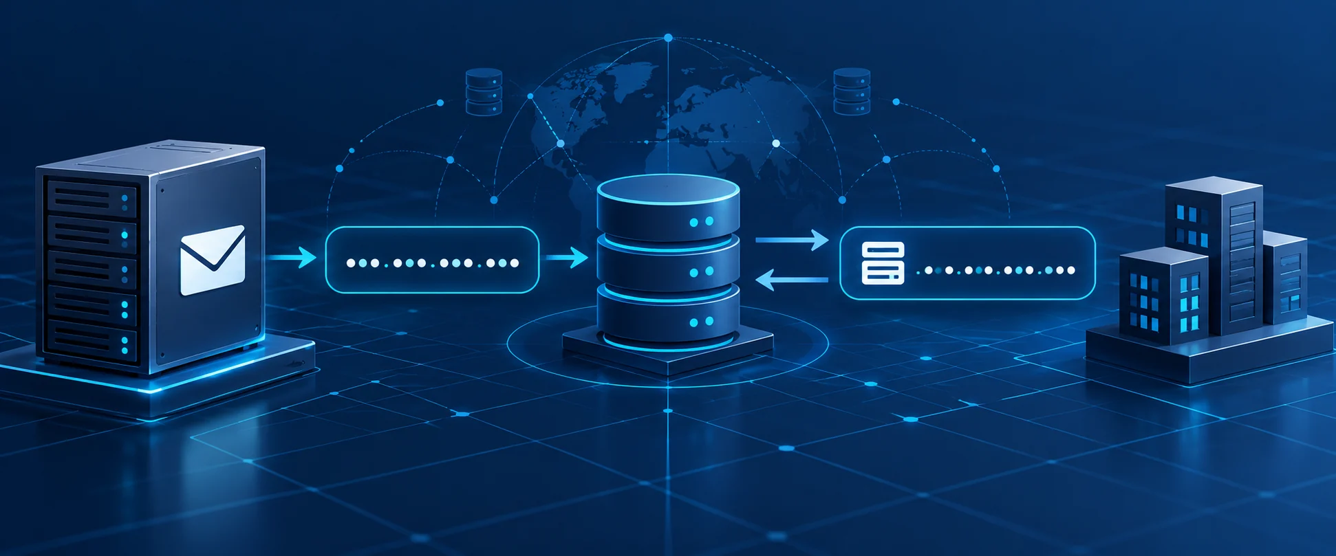 Editorial illustration of a mail server, IP address and hostname connected through a reverse DNS lookup path.