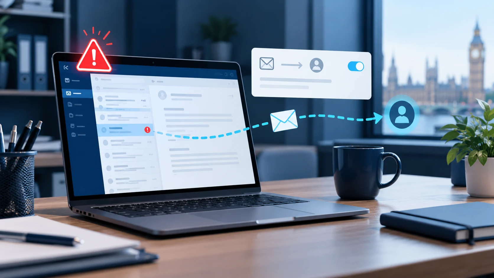Illustrative business email security scene showing a warning on a laptop and a suspicious message route towards an account.