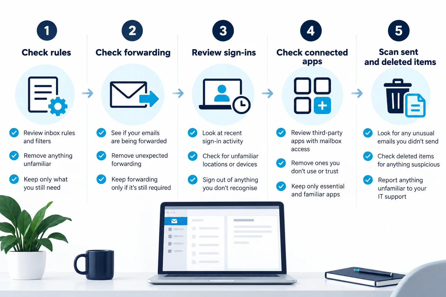 Five-step mailbox health check covering rules, forwarding, sign-ins, connected apps and sent or deleted items.