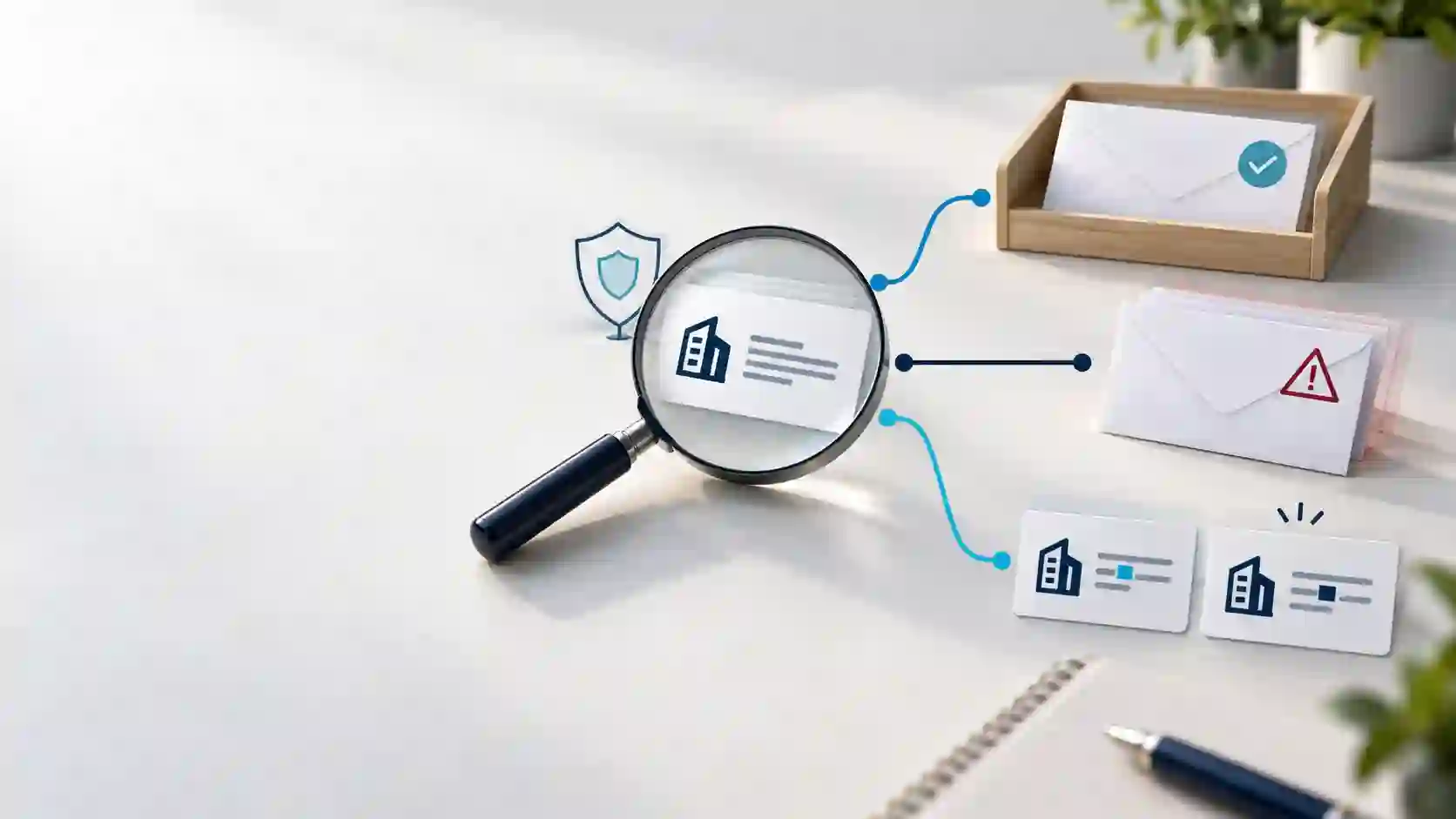 Editorial illustration of a magnifying glass examining business email identities alongside safe, warning and lookalike message paths.