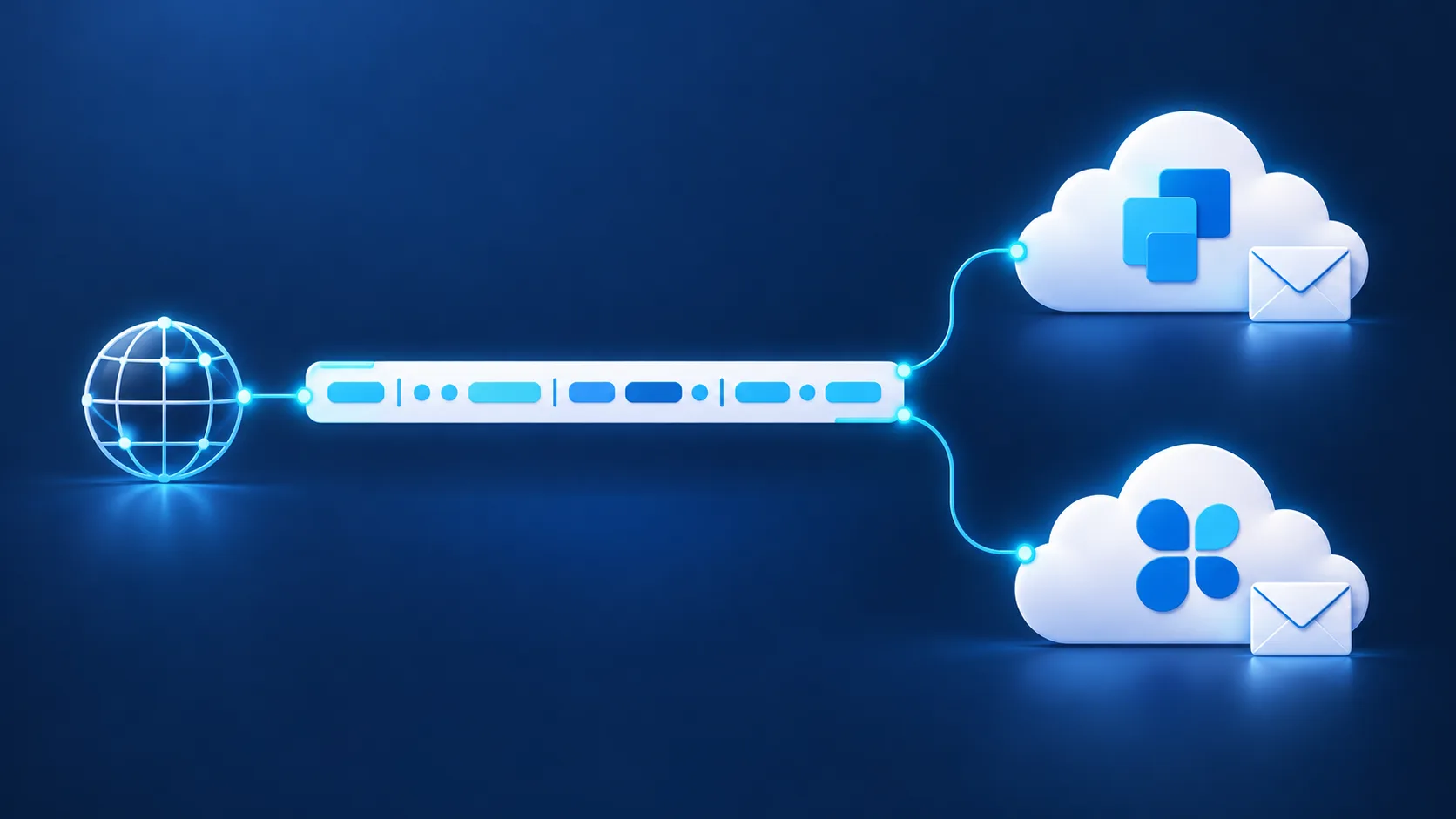 Editorial illustration of one DNS record branching to two cloud email platforms.