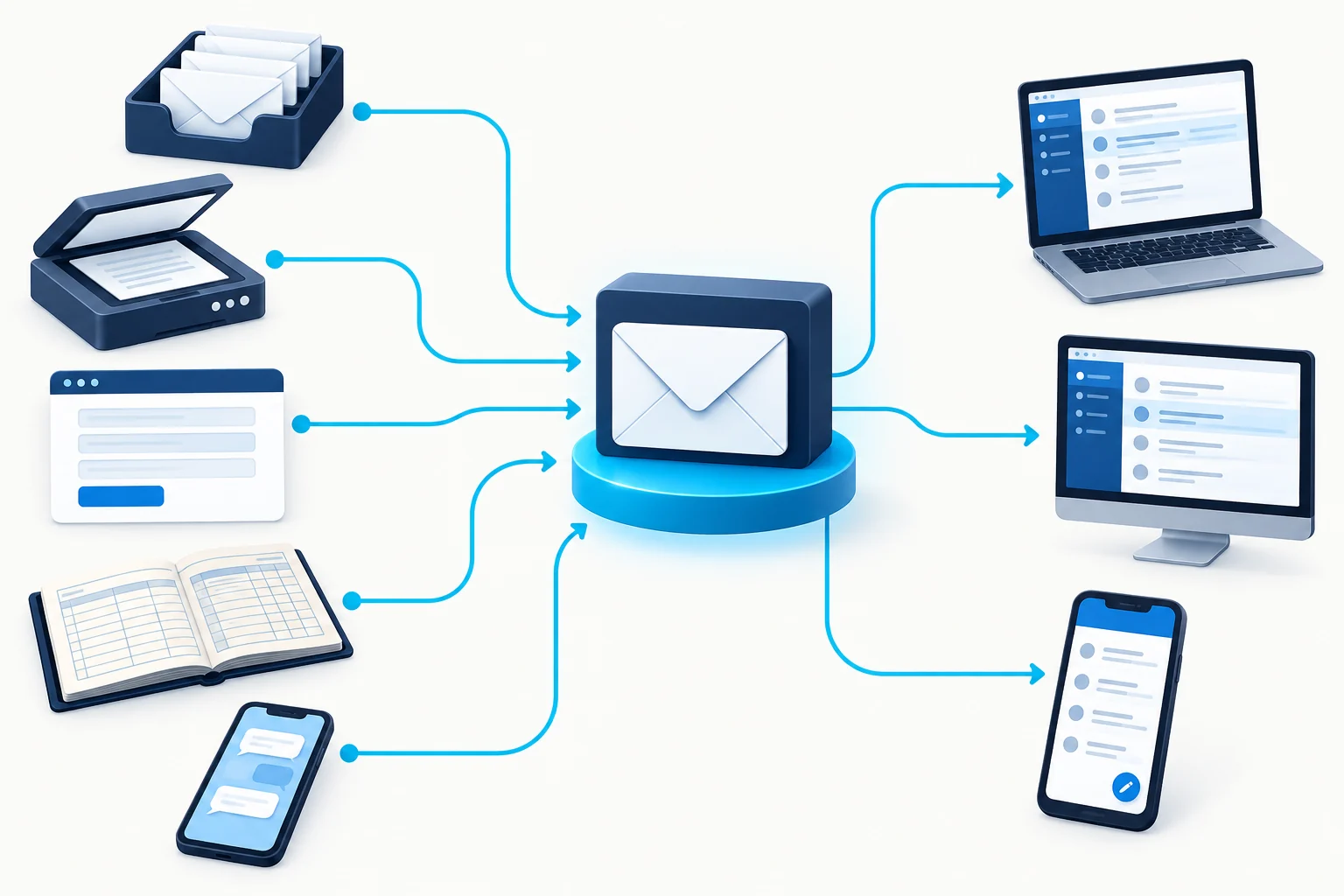 Illustrated inventory of shared mail, an office scanner, website forms, accounts software and a mobile phone linked to a business email service.