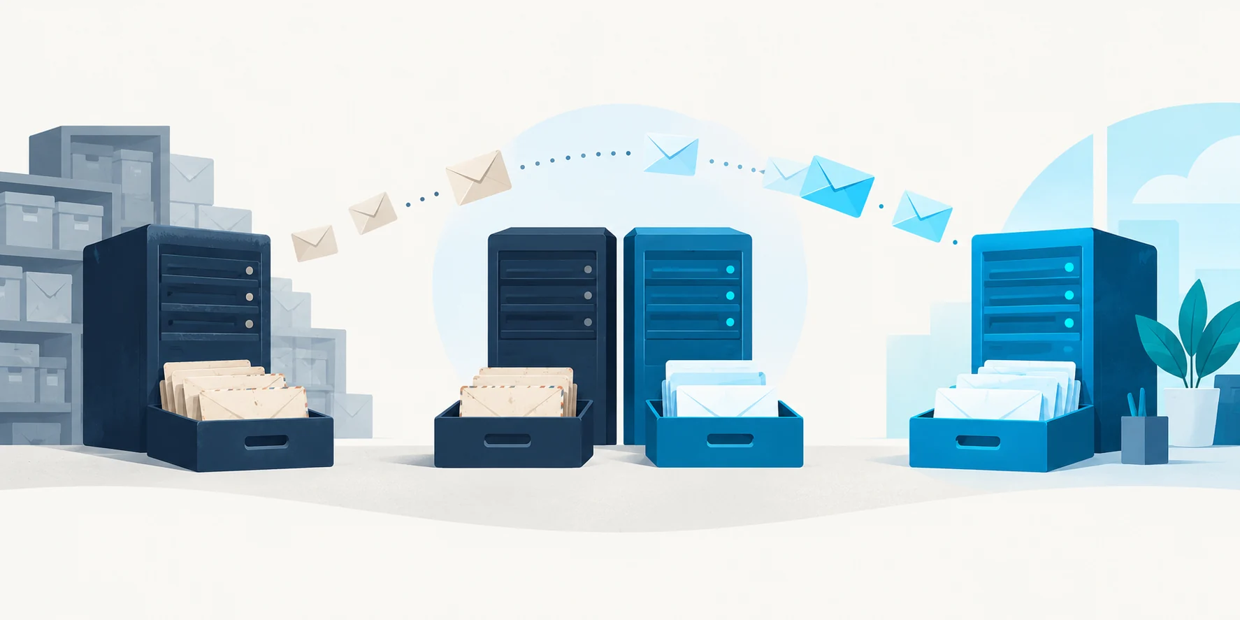 Conceptual illustration of old and new email services remaining available during a staged migration.