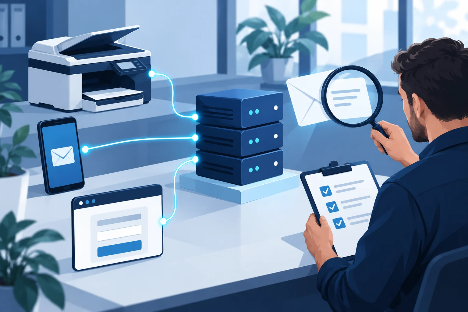 Illustration of an office scanner, phone and website form being reconnected and checked after an email-provider move.