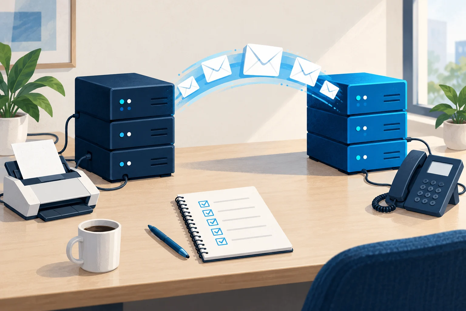 Illustration of a planned email-provider transition with two mail servers, envelopes and office devices.