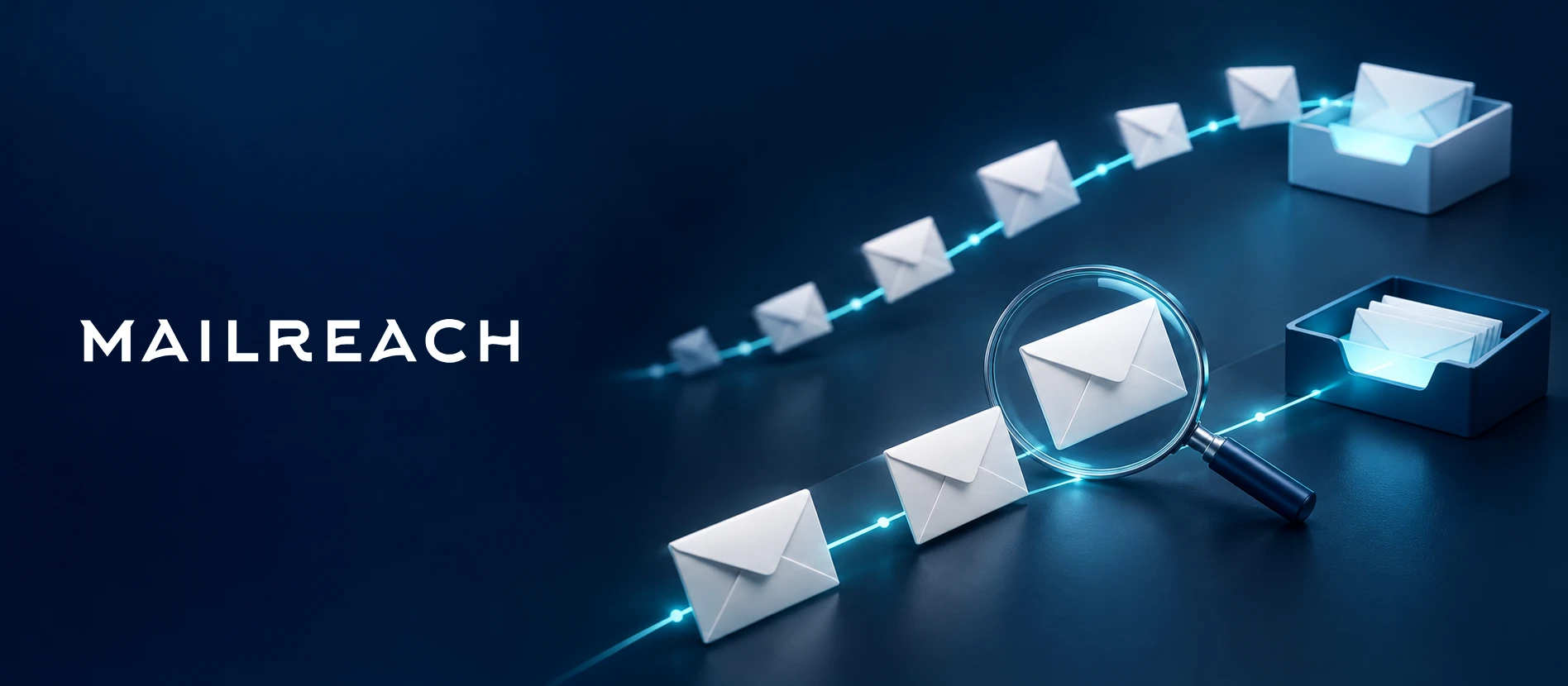 MailReach logo beside an editorial illustration of email warmup and inbox-placement testing