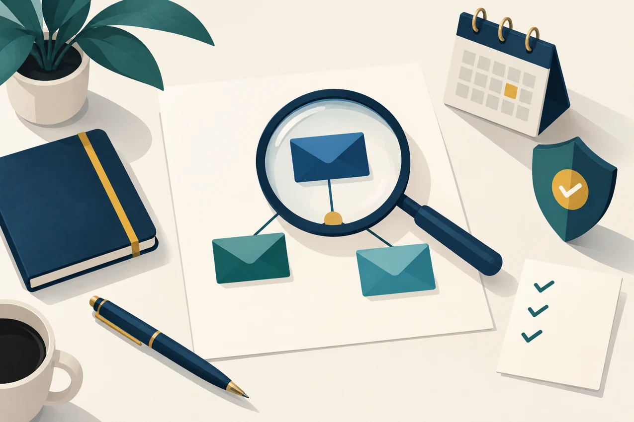 Conceptual illustration of investigating email messages with checks, monitoring and a magnifying glass