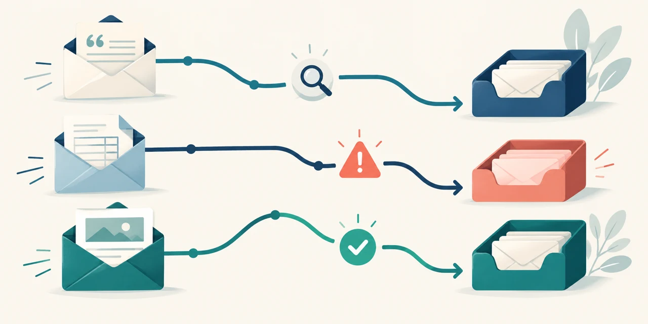 Illustration of business messages travelling through checked routes to inboxes